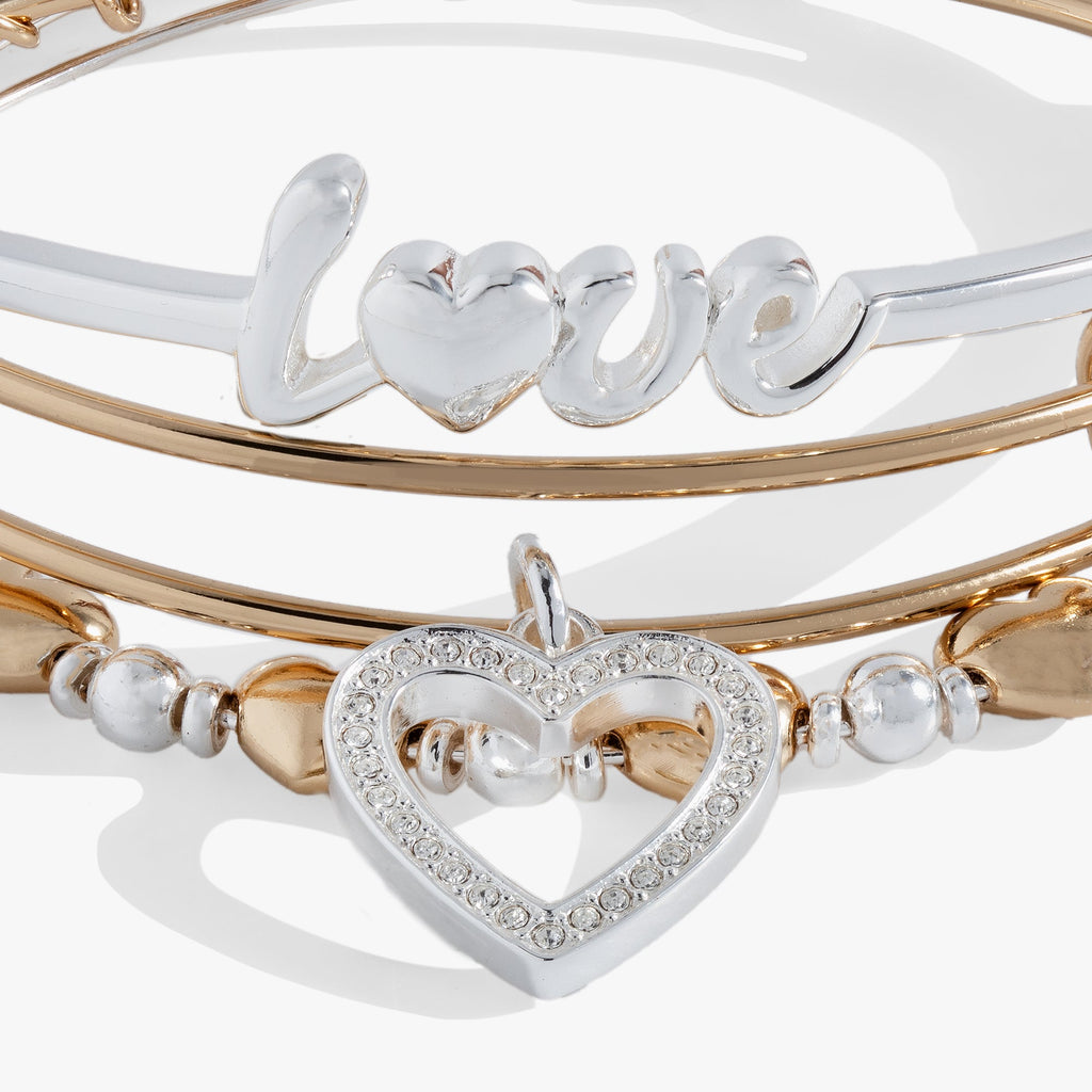 Love Bracelet Set of 3 with Heart Charms and Crystal Accents