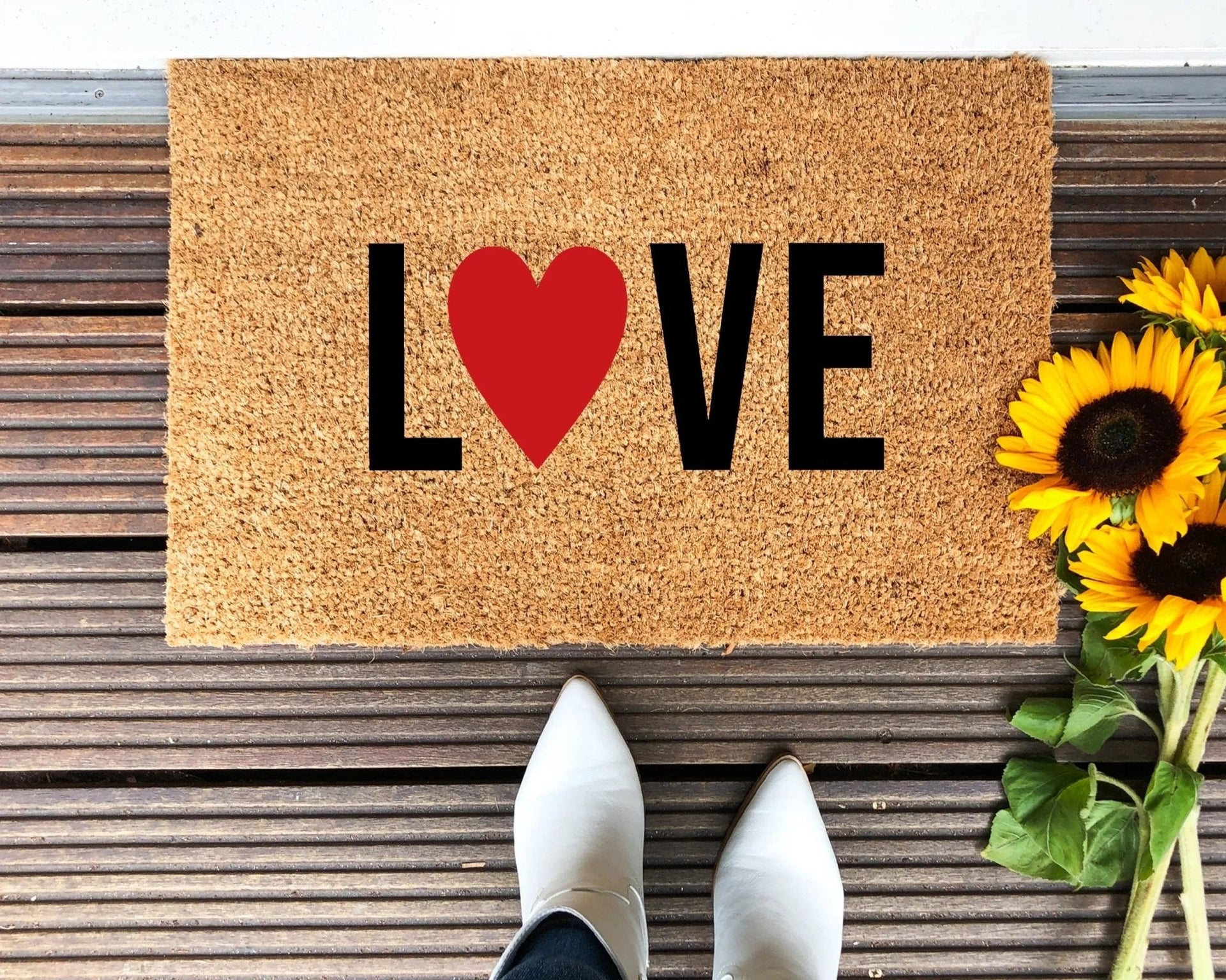Love Heart patterned natural coir doormat for front porch entryway in brown, red, and black