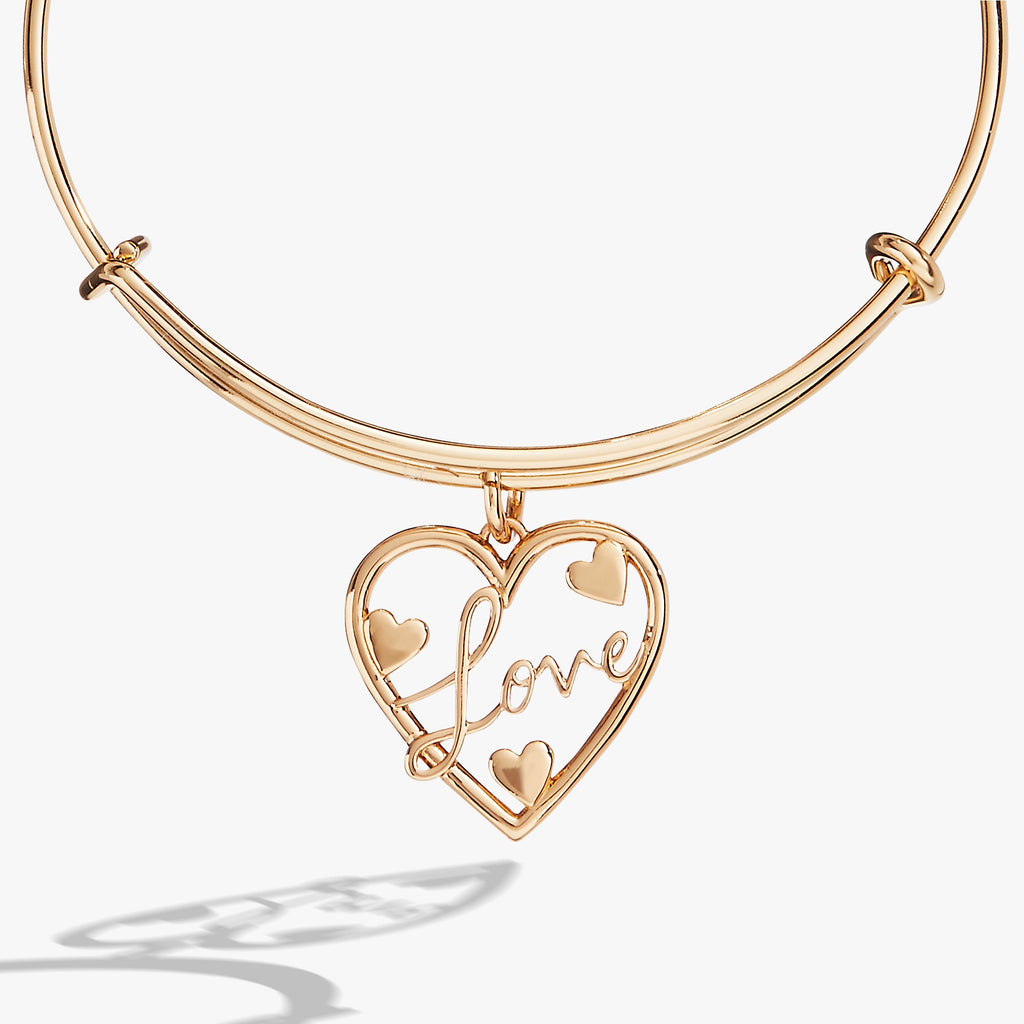 Gold Tone Love Script Heart Charm Bangle Bracelet