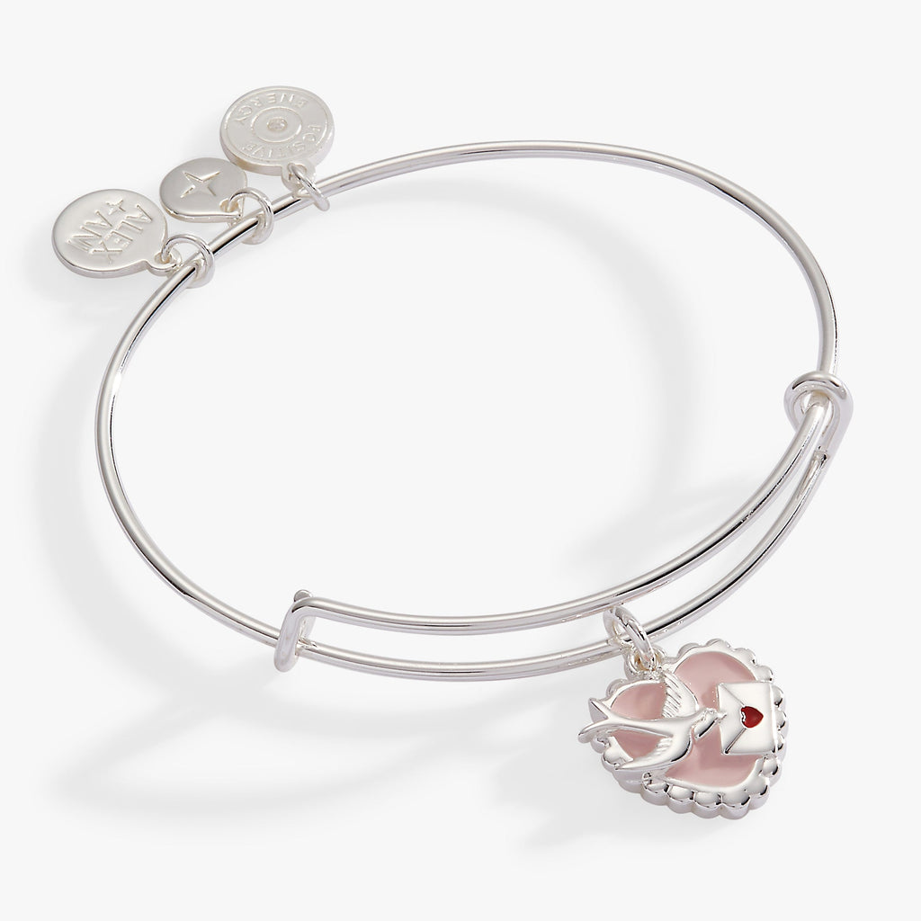 Love Letter and Swallow Bangle with pink heart charm and silver-tone finish