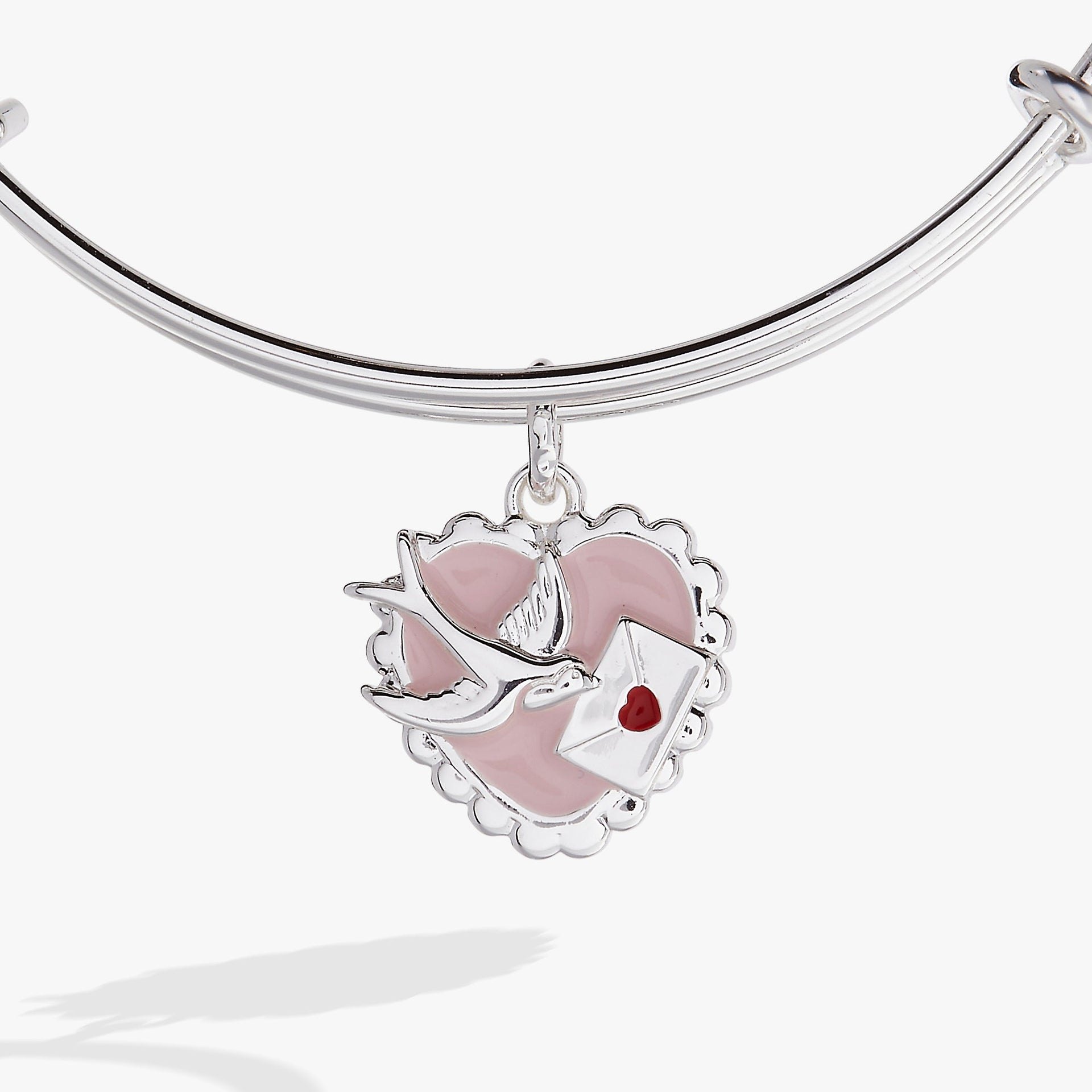 Love Letter and Swallow Charm Bangle Bracelet in Pink and Silver