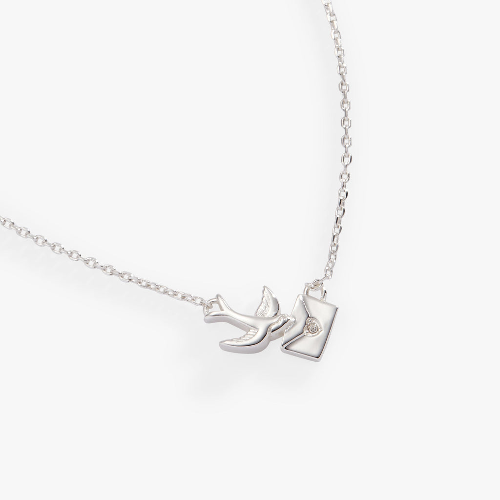 Love Letter Pendant Necklace in Silver with Swallow and Crystal