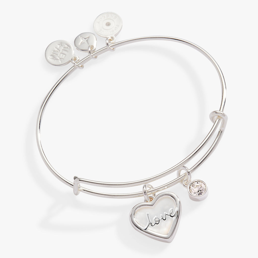 Silver expandable bangle featuring a heart-shaped Mother of Pearl charm with the word Love and a crystal accent.