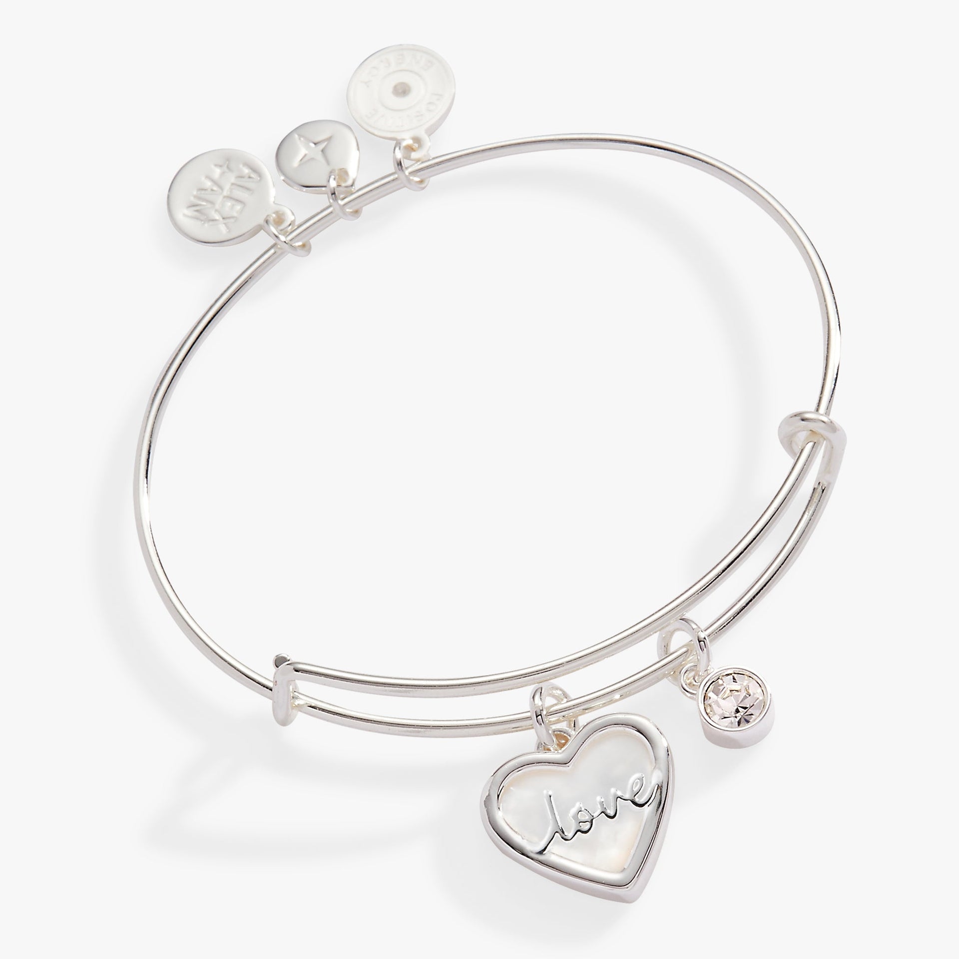 Silver expandable bangle featuring a heart-shaped Mother of Pearl charm with the word Love and a crystal accent.