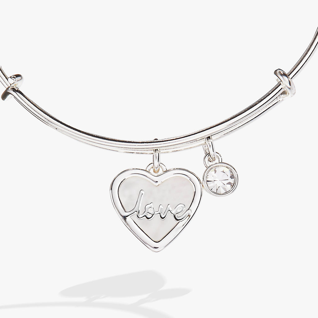 Silver Love Heart Mother of Pearl Expandable Bangle Bracelet