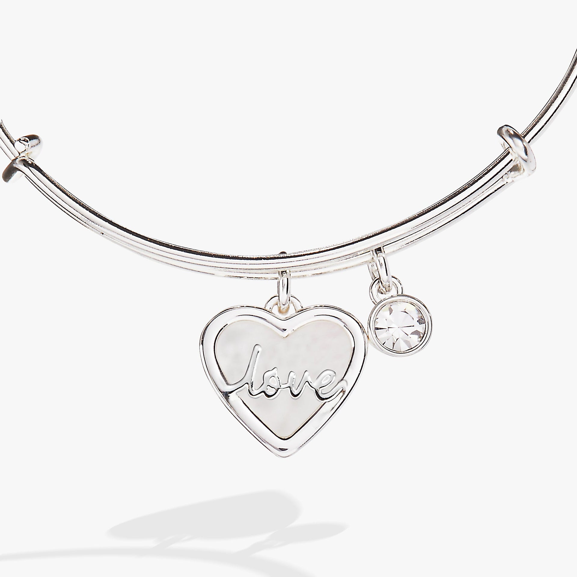 Silver Love Heart Mother of Pearl Expandable Bangle Bracelet