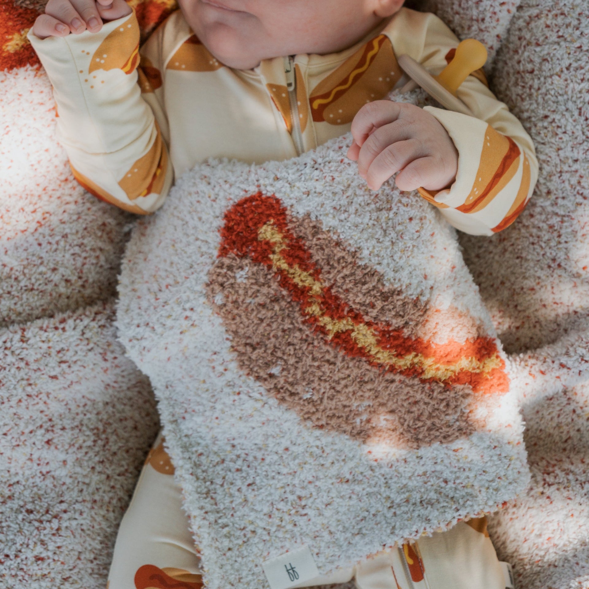 Hot Dog Print Baby Lovey Security Blanket in Cream and Red Knit