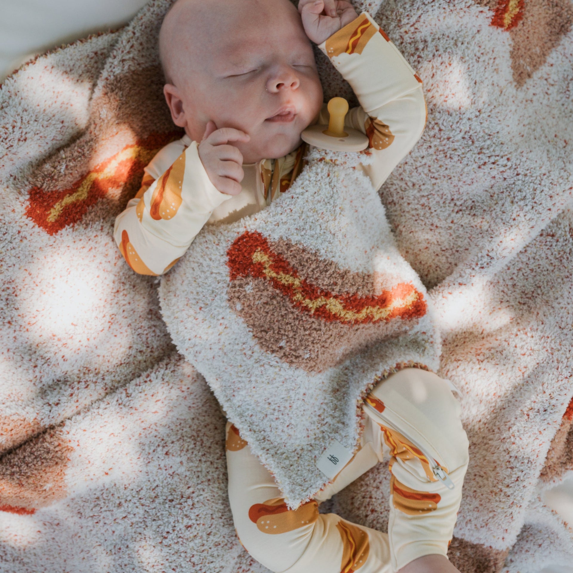Hot Dog Print Baby Lovey Security Blanket in Cream and Red Knit
