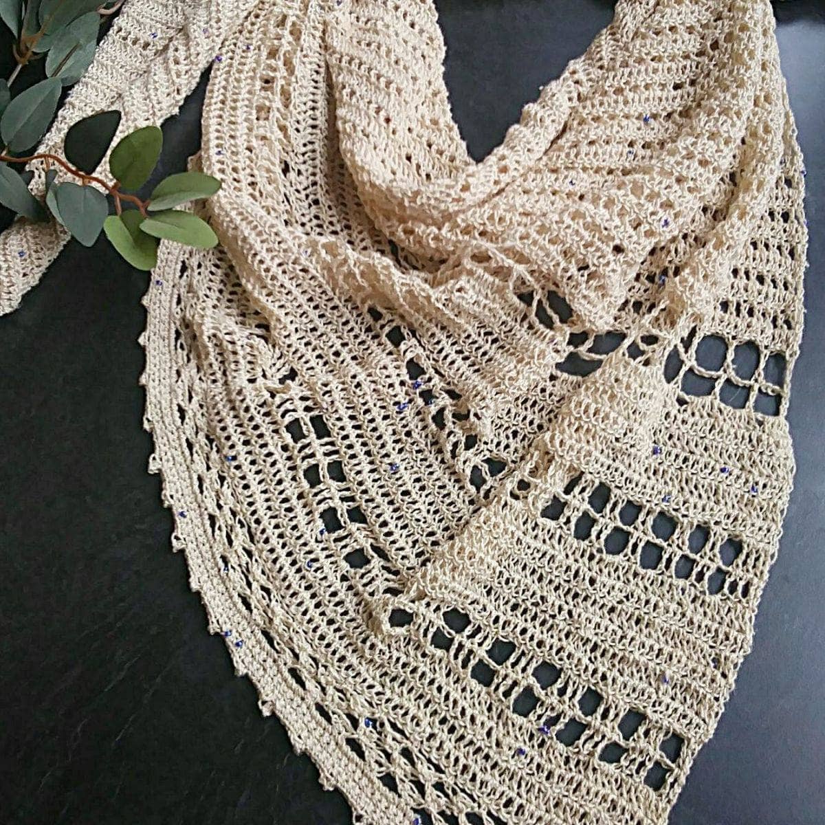 Lovelace Crochet Shawl Kit with beige hand-beaded silk yarn and digital pattern download.