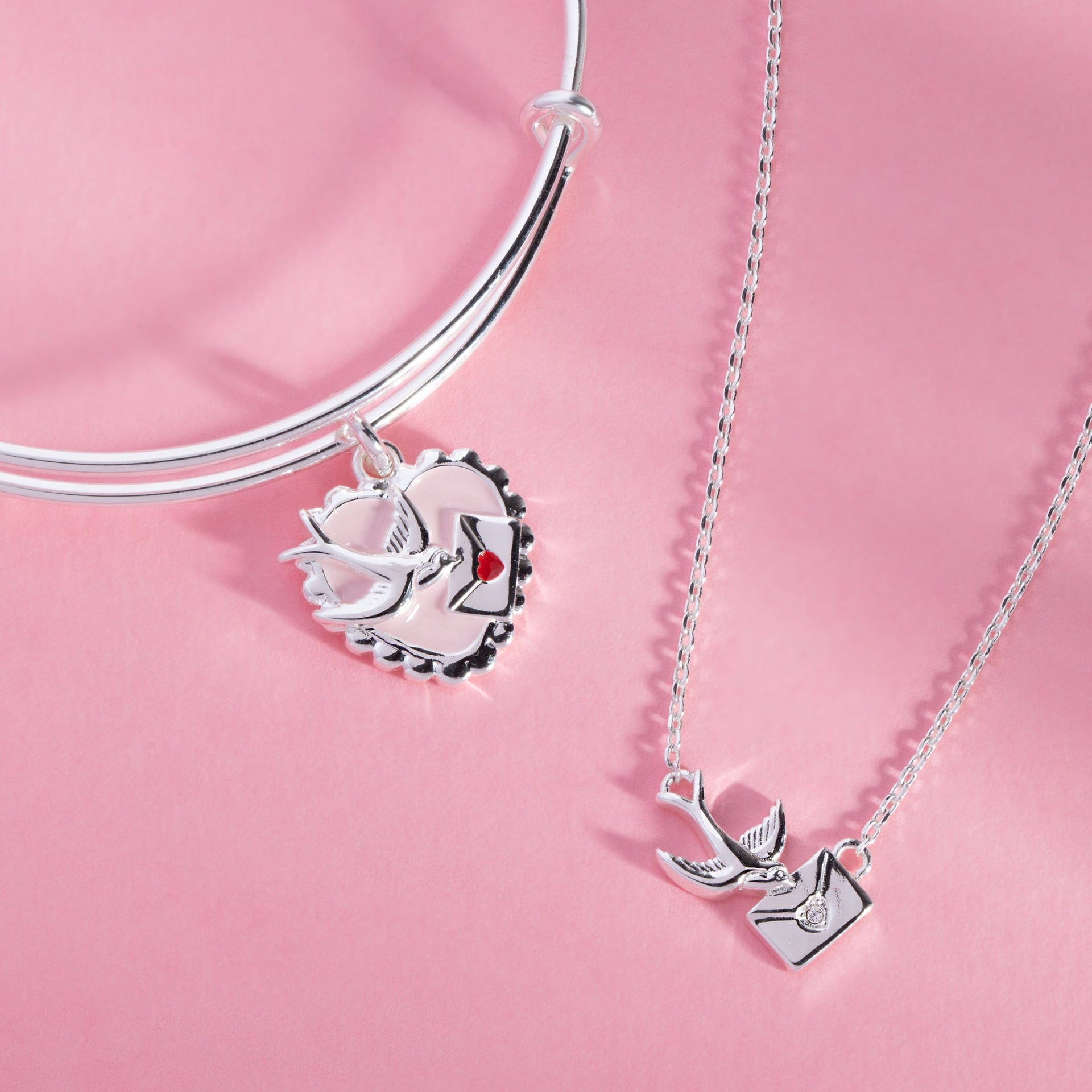 Love Letter and Swallow Charm Bangle Bracelet in Pink and Silver