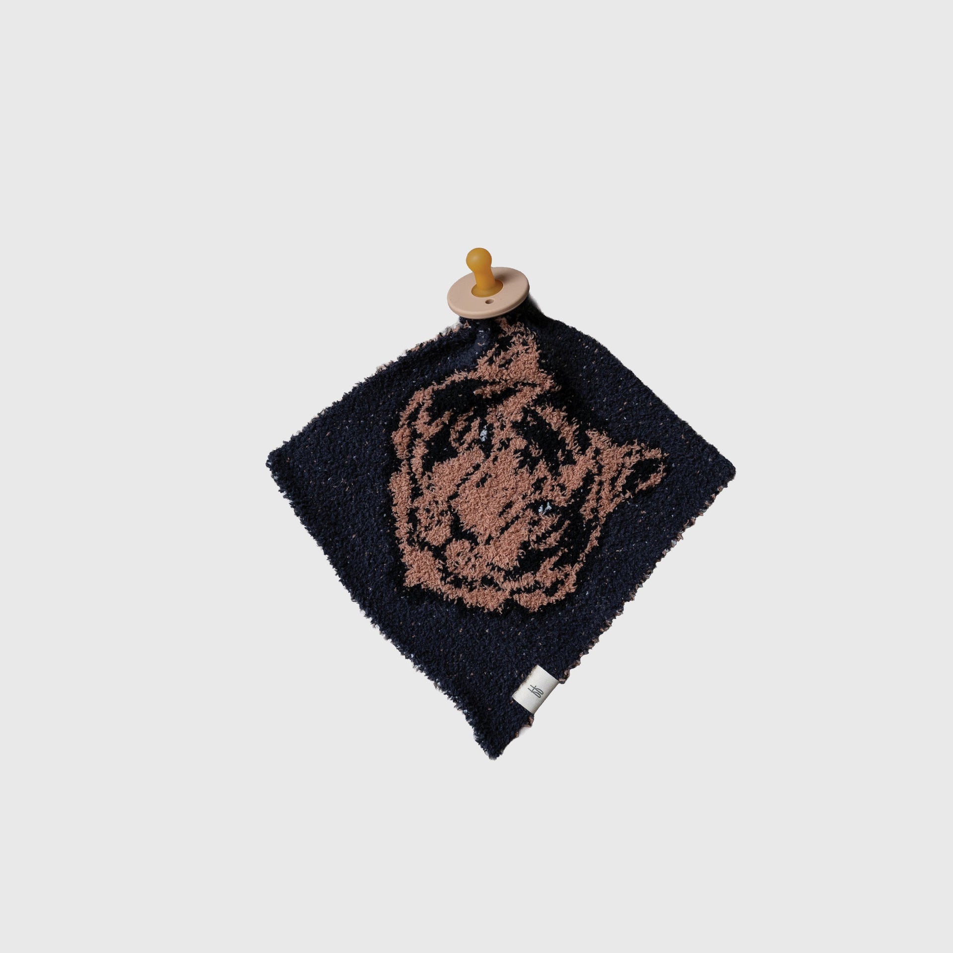 Soft knit baby lovey in charcoal and sandy beige tiger animal print pattern
