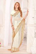 White Fendi two tone silk saree with intricate zari, resham, and zircon embroidery.