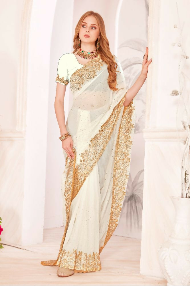 White Fendi two tone silk saree with intricate zari, resham, and zircon embroidery.