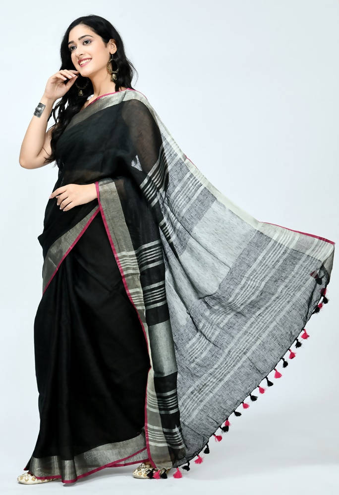 Black Pure Linen Saree with Contrasting Pink Blouse Piece