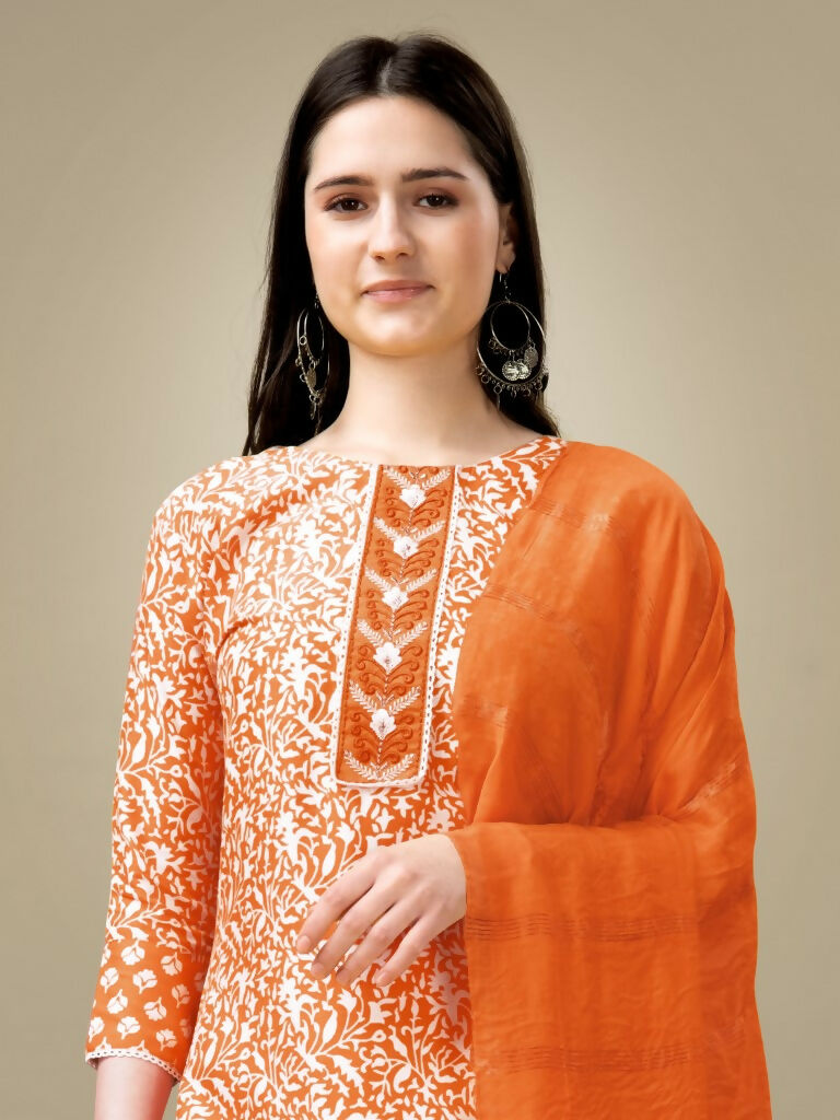 Women's Orange Rayon Straight Kurta Set with Embroidery & Dupatta