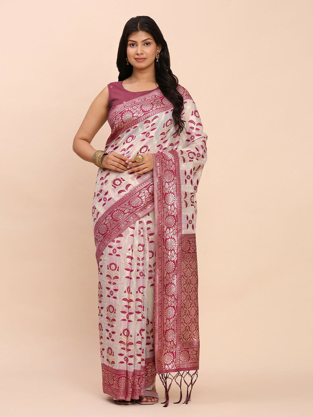 Purple Linen Cotton Saree with Matching Blouse