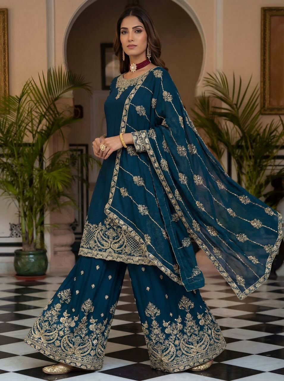 Teal Silk Embroidered Sharara Set - Luxurious Ethnic Ensemble