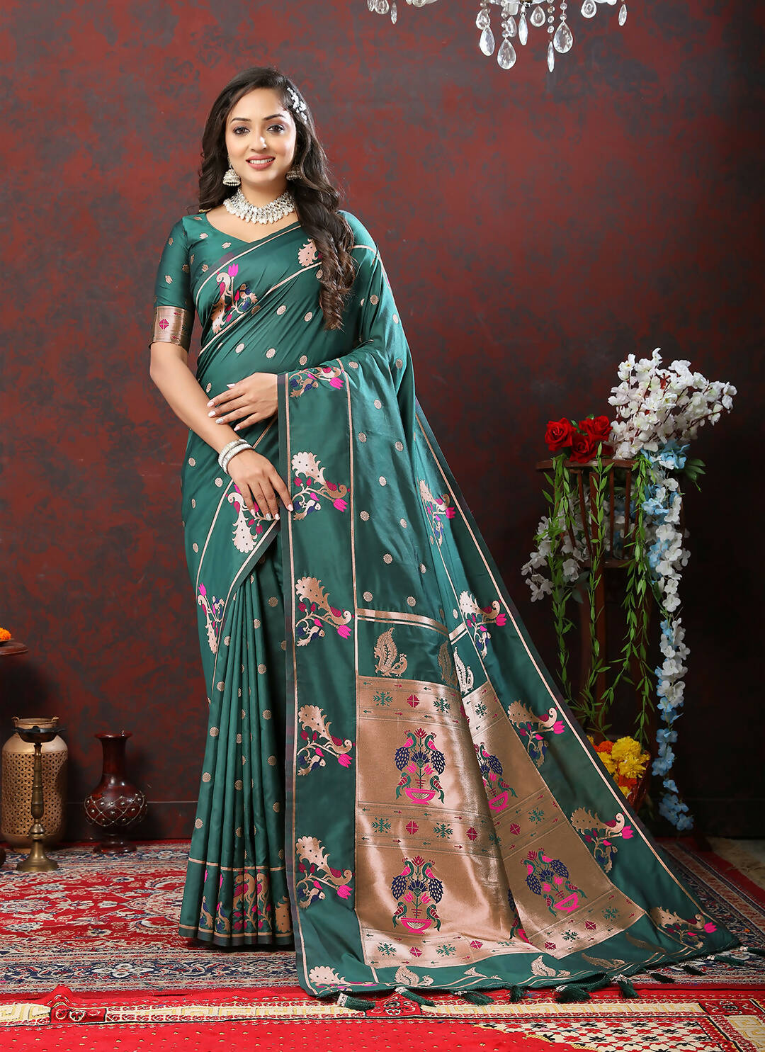 Green Soft Paithani Silk Saree with Copper Zari Meenakari Weaving