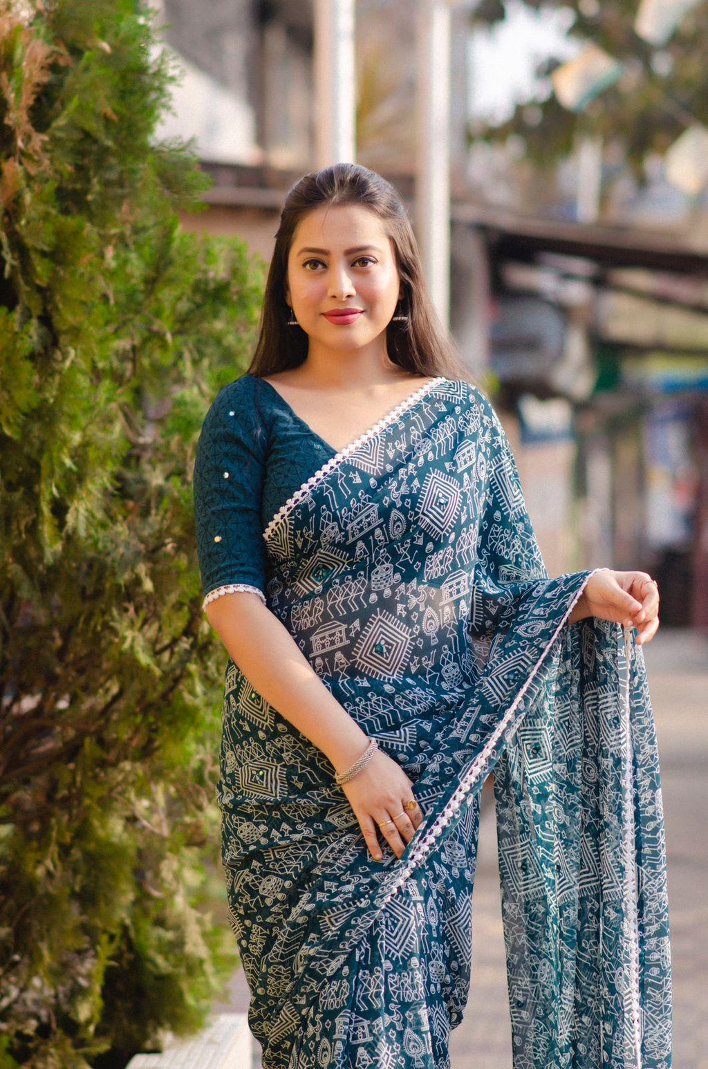 Rama Poly Georgette Ethnic Worli Print Saree with Mirror Work