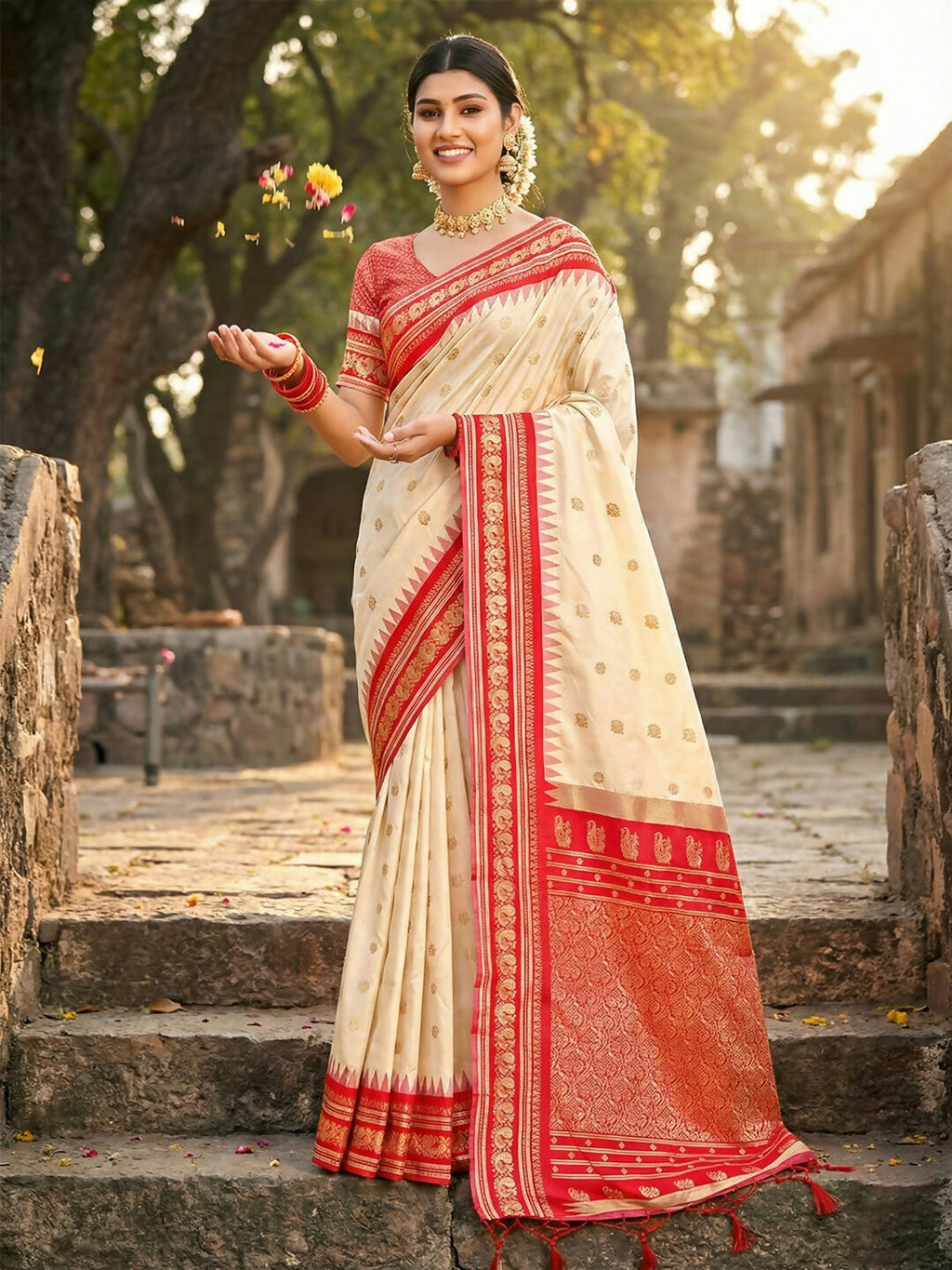 Beautiful cream soft silk saree with matching blouse fabric