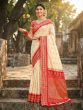 Beautiful cream soft silk saree with matching blouse fabric