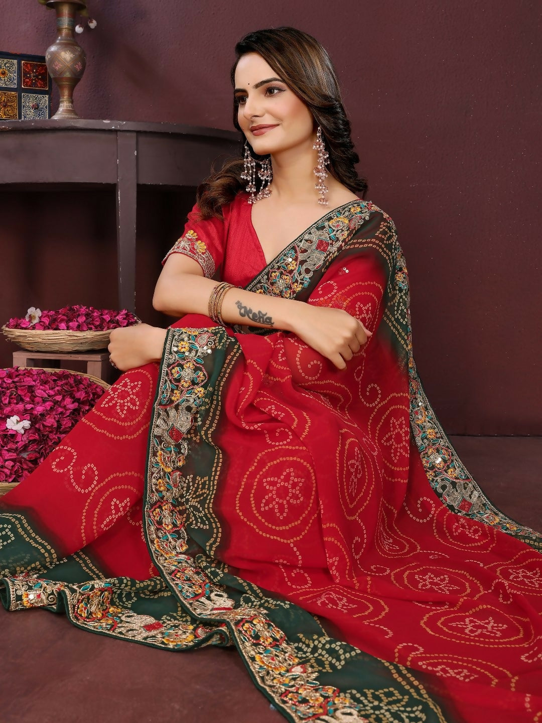 Red Georgette Digital Print Party Wear Saree with Matching Blouse