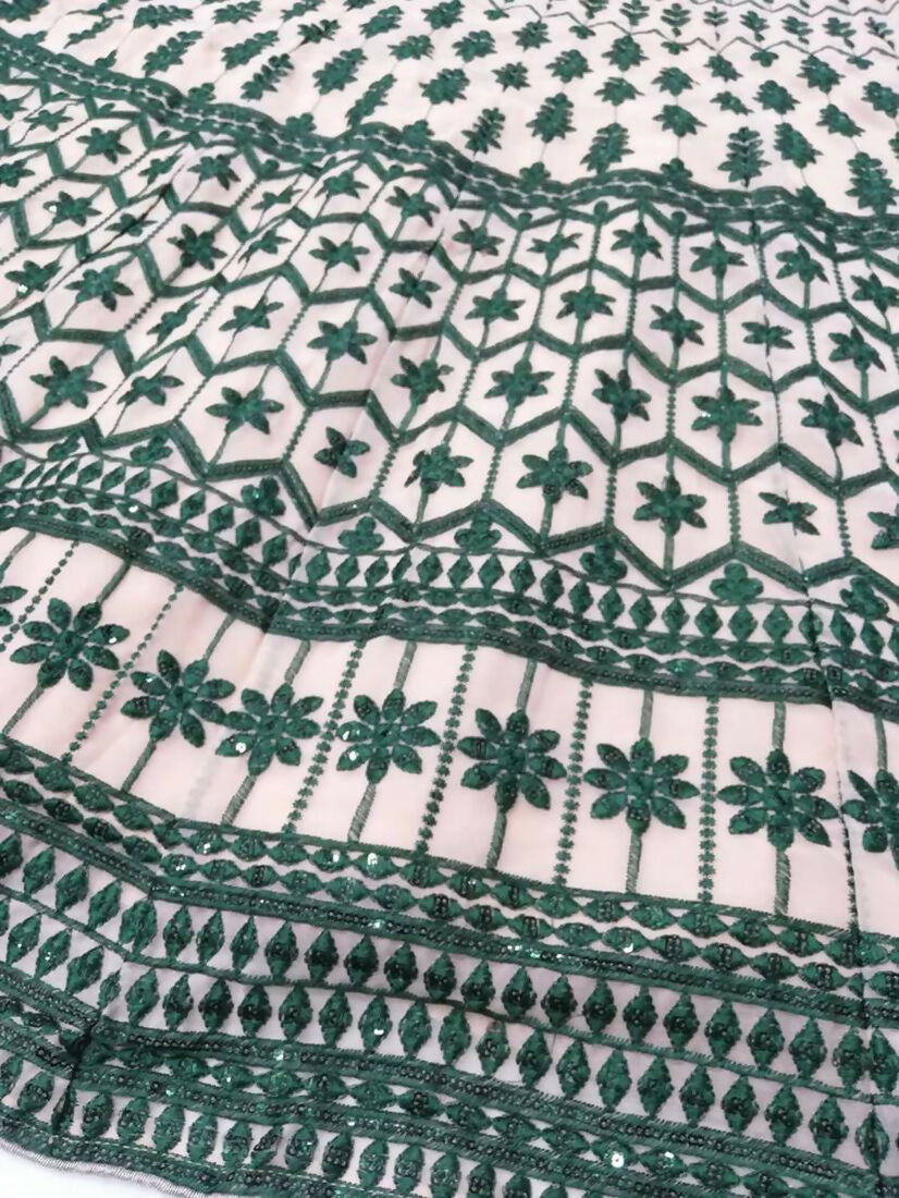 Teal Green and Cream Georgette Lehenga Choli with Thread Embroidery