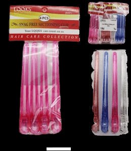 Set of four 4.75-inch LQQKS snag-free hair sectioning clips in assorted pink, blue, and clear colors.