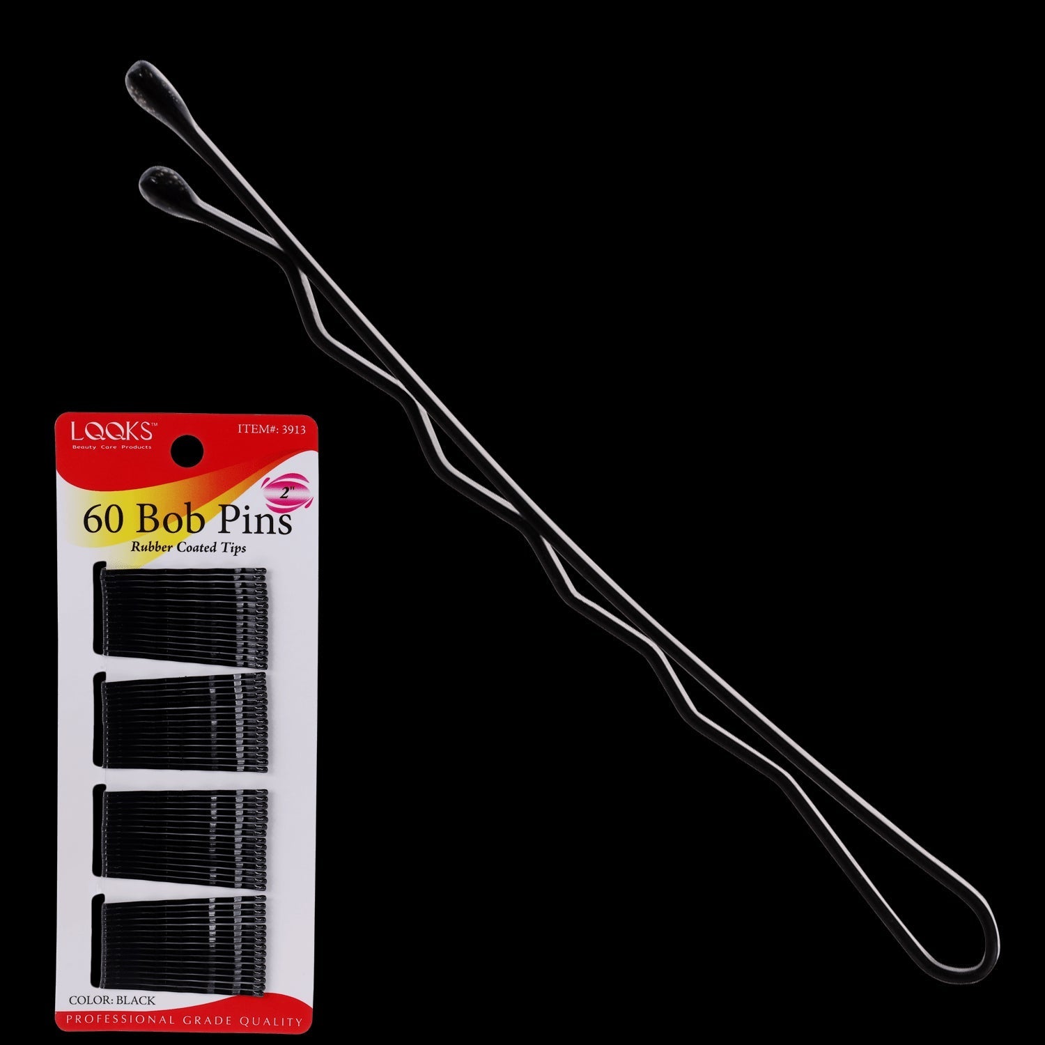 A set of 60 black bobby pins with rubber-coated tips for gentle hair styling