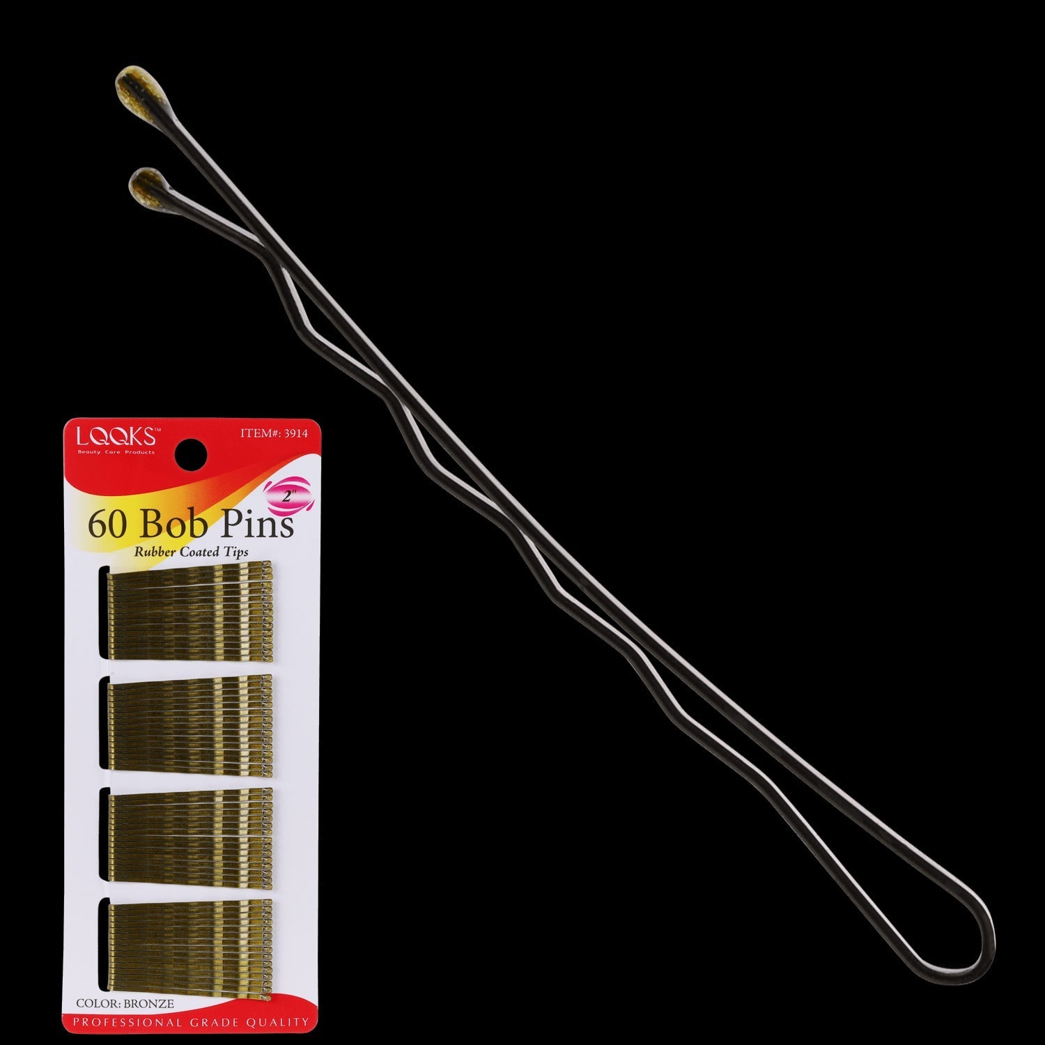 Set of 60 metallic bronze 2-inch bobby pins with rubber-coated tips for hair styling.