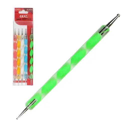 A 5-piece set of vibrant neon and translucent green acrylic dotting tools for professional nail art and crafting.