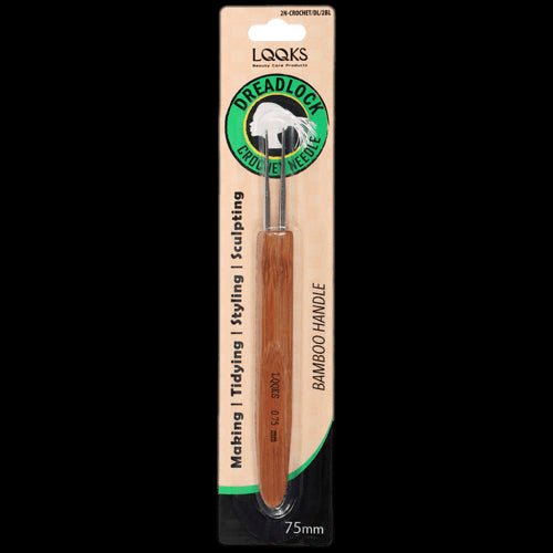 LQQKS bamboo handle double hook dreadlock crochet needle in brown and silver, 0.75mm size.