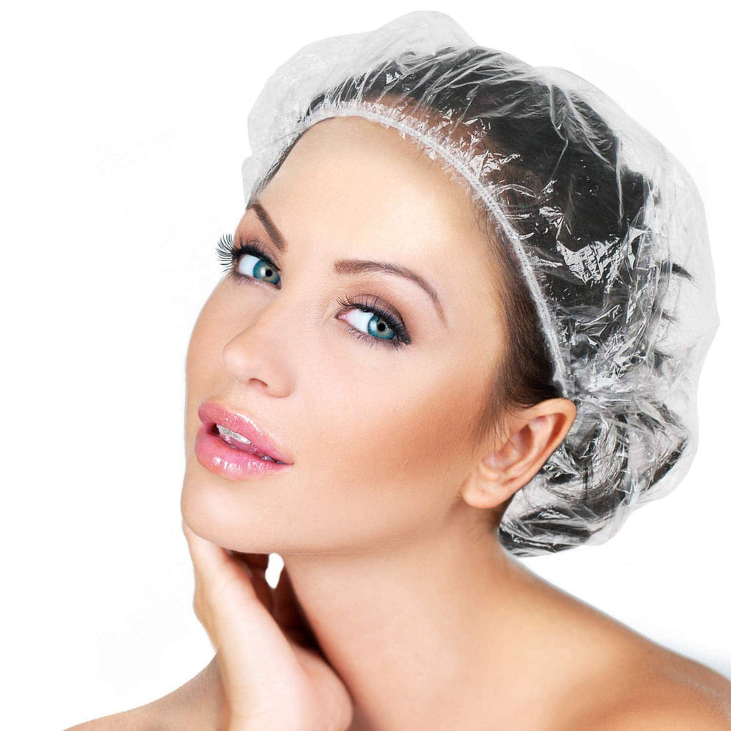 30-piece set of LQQKS clear plastic shower caps for hair care and protection.
