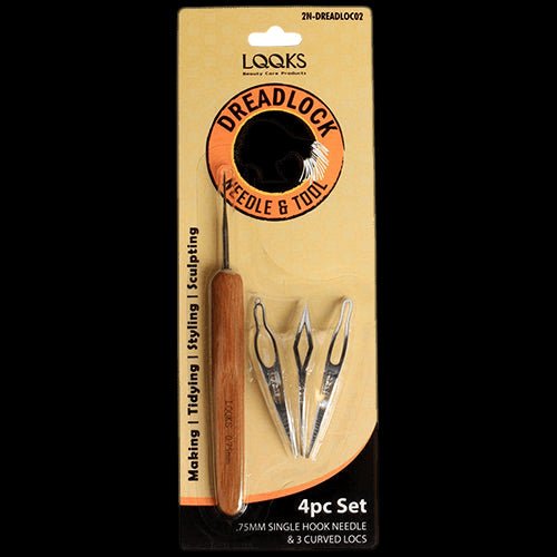4-piece dreadlock maintenance kit featuring three curved tools and one bamboo crochet hook