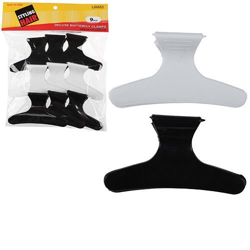 LQQKS Deluxe Butterfly Clamps 9-piece set in black and white for professional hair styling
