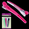 A 4-piece set of pink and silver dual sectioning hair clips for precision styling.