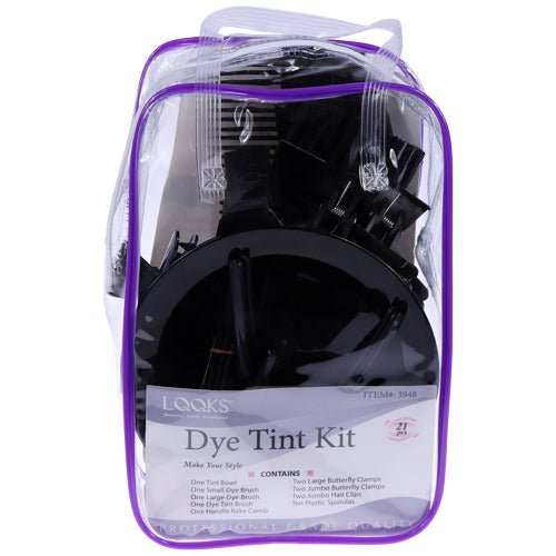 21-piece LQQKS professional hair dye tint kit with black tools in a clear vinyl case with purple trim