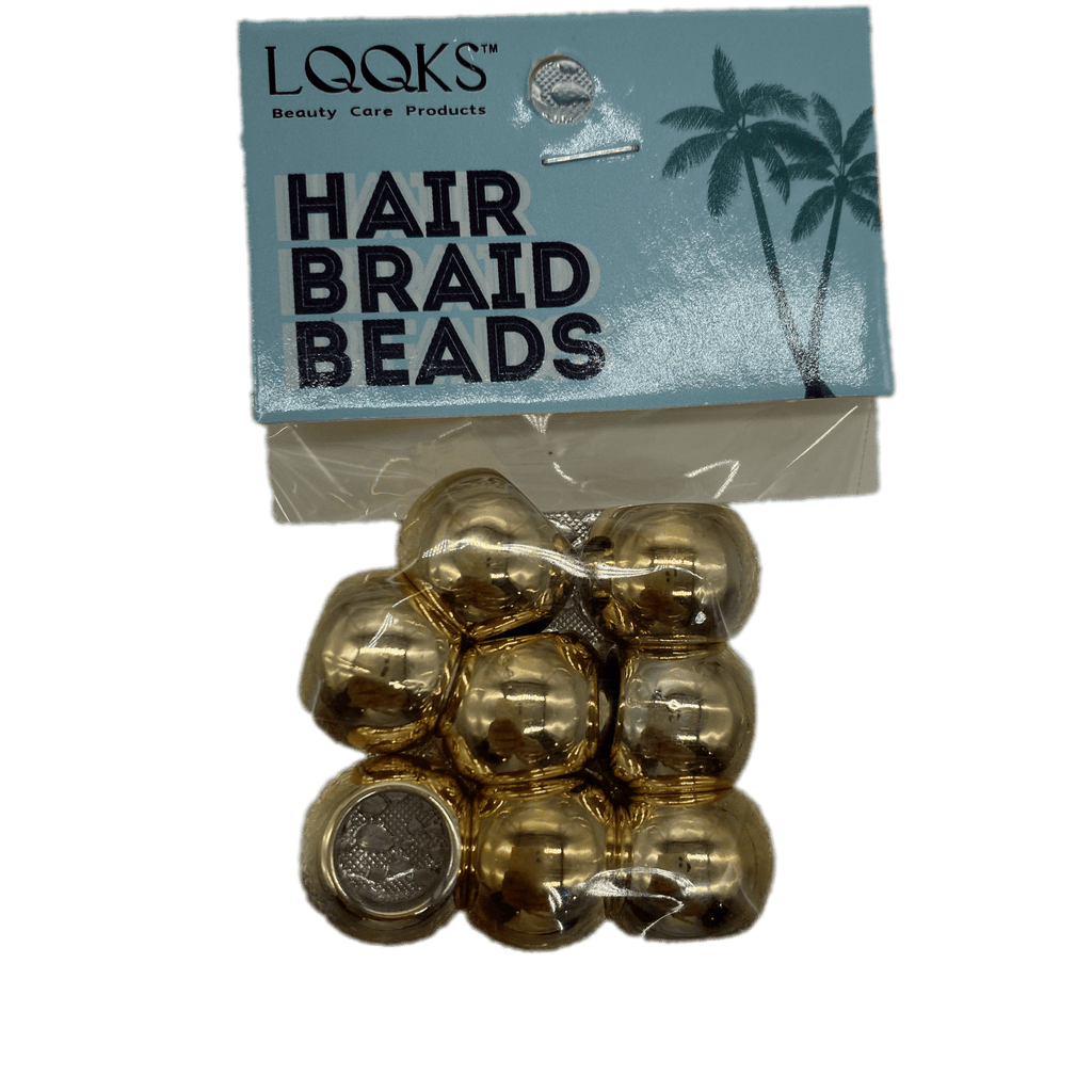 Metallic gold LQQKS hair braid beads arranged for a bohemian and urban hair style.