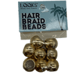 Metallic gold LQQKS hair braid beads arranged for a bohemian and urban hair style.