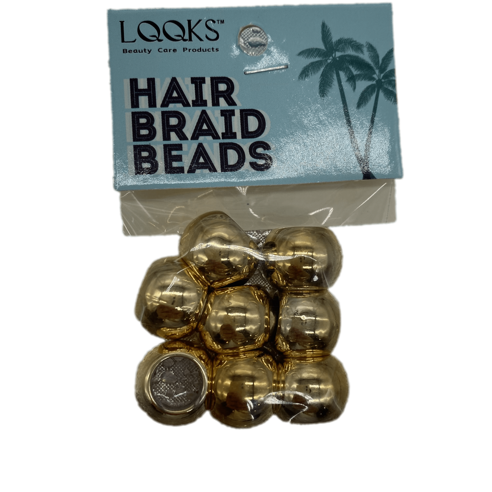 Metallic gold LQQKS hair braid beads arranged for a bohemian and urban hair style.