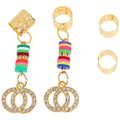 Four-piece set of gold-tone hair braid rings and tubes featuring colorful pave-set crystals.