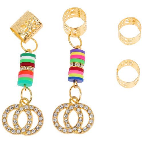 Four-piece set of gold-tone hair braid rings and tubes featuring colorful pave-set crystals.