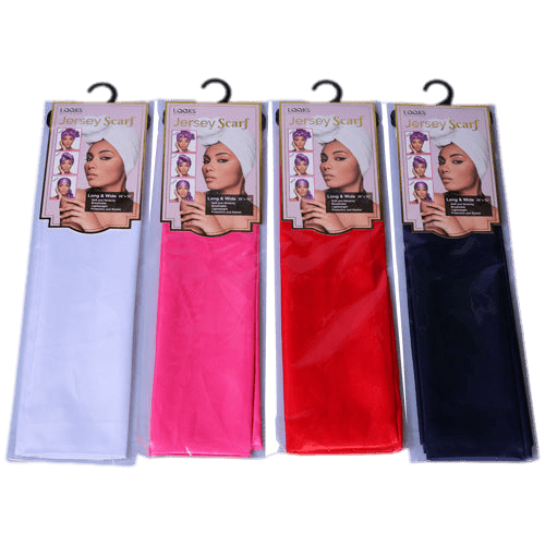 A soft, lightweight jersey scarf draped elegantly, showing its 25 by 72 inch rectangular dimensions.