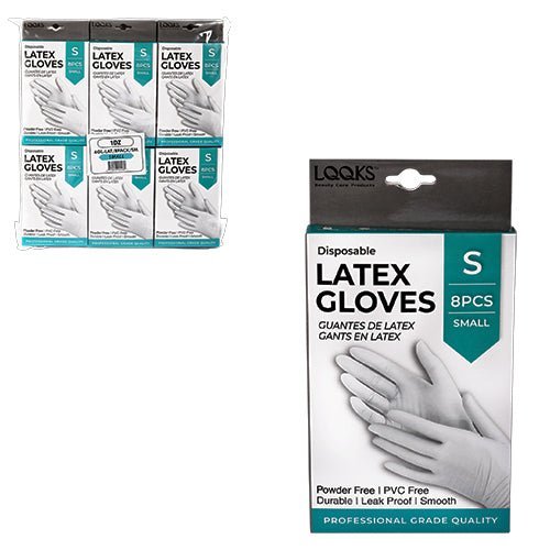 Pack of 8 LQQKS disposable latex gloves in white, teal, and purple