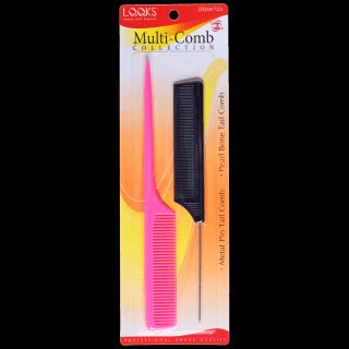 LQQKS professional metal pin tail and pearl bone tail hair combs in bright pink and black.