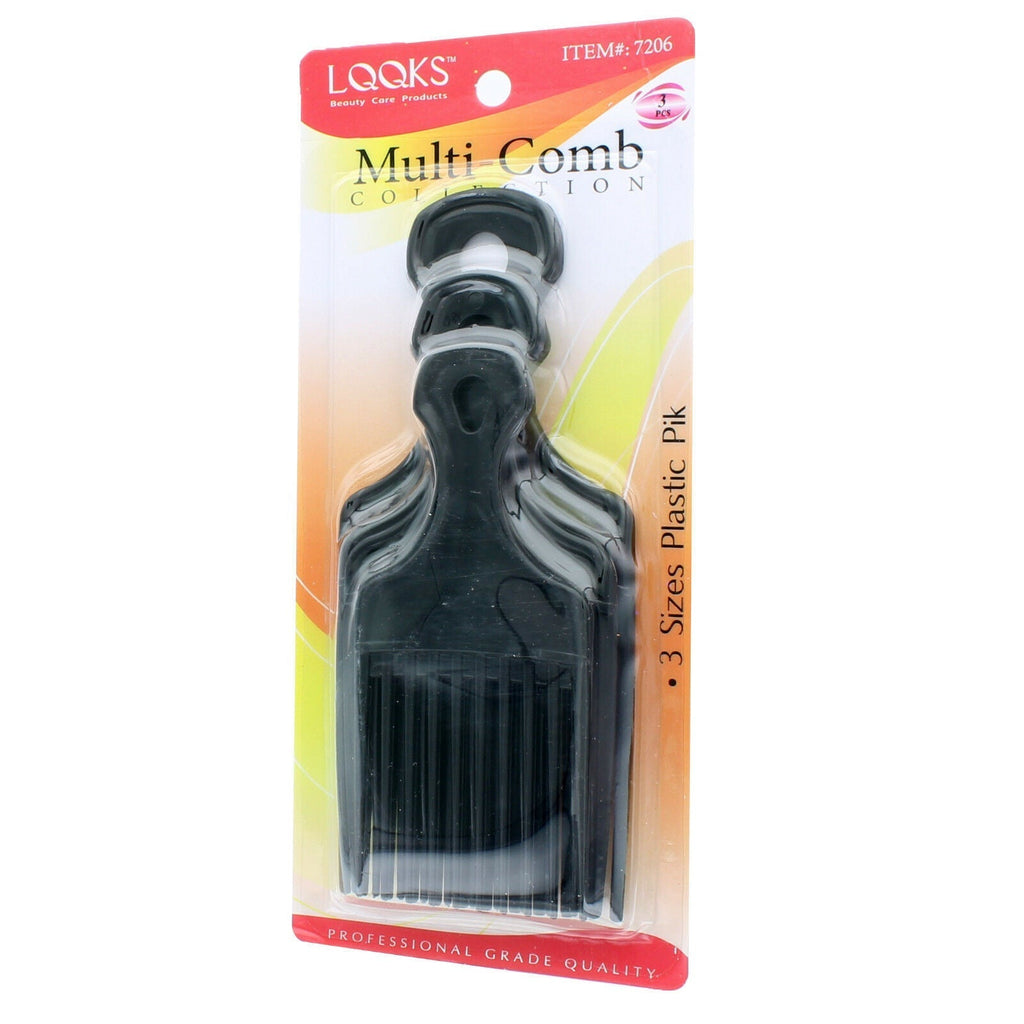 A set of three black professional hair piks in varying sizes on a plain background