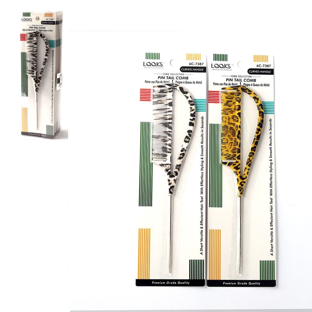LQQKS metal pin tail hair comb with black and yellow animal print design and curved handle