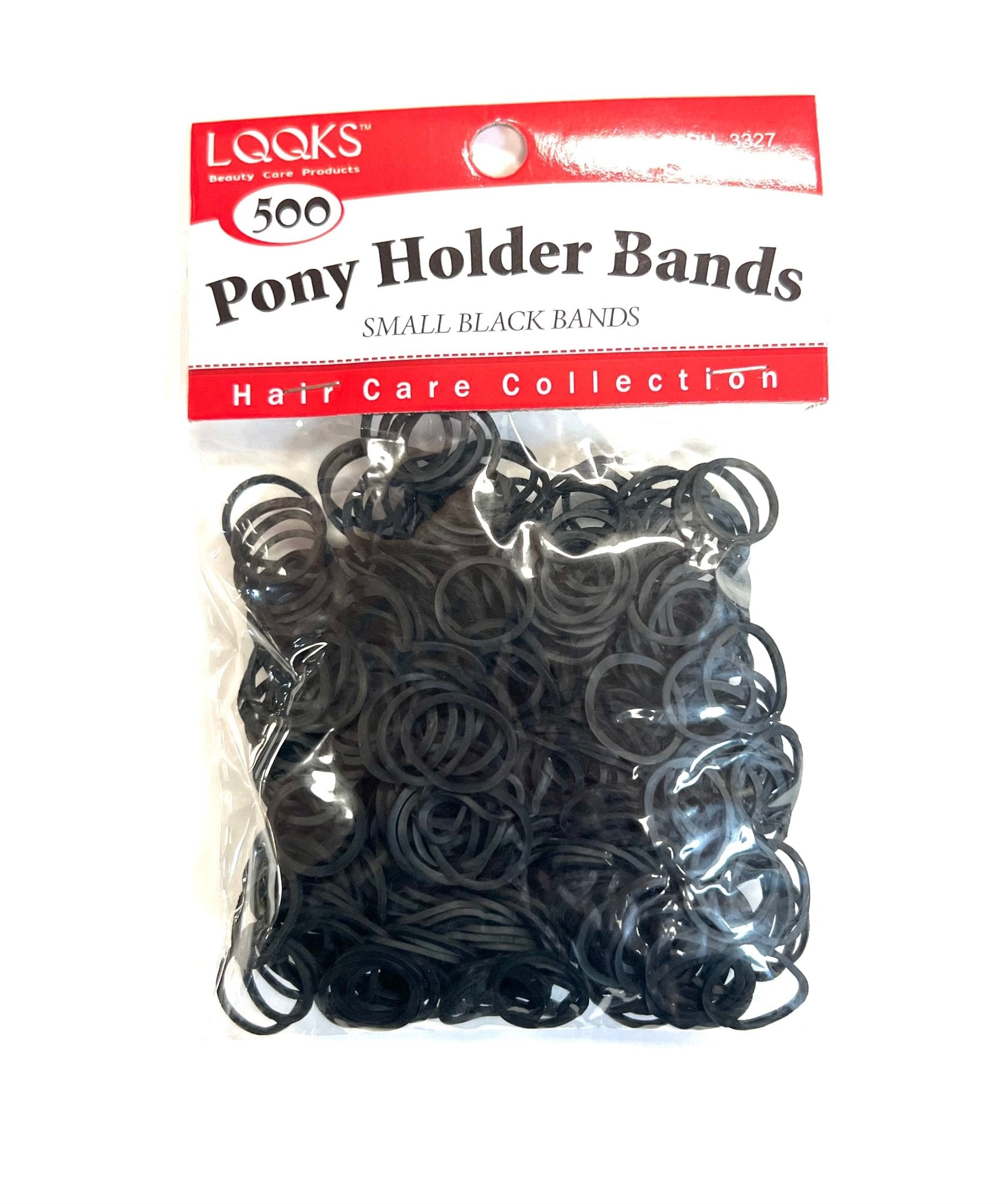 A 500-count pack of black LQQKS pony holder hair elastics for professional styling.