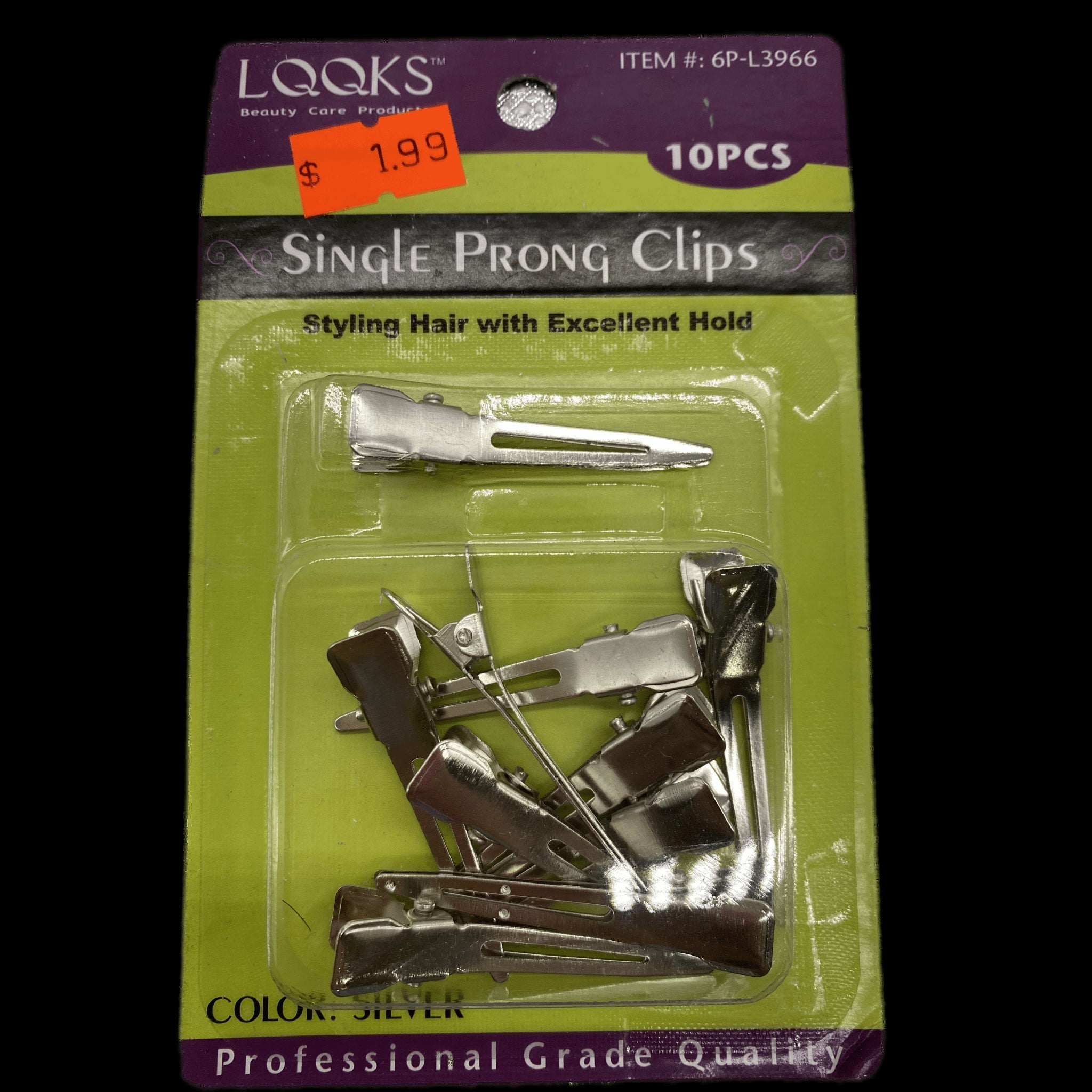 A set of 10 professional silver single prong clips for hair styling and home organization.