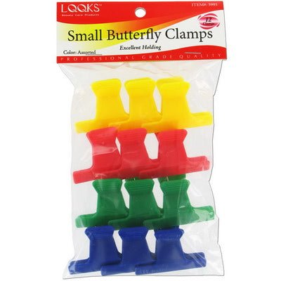 12-piece set of colorful LQQKS small butterfly clamps in yellow, red, green, and blue.